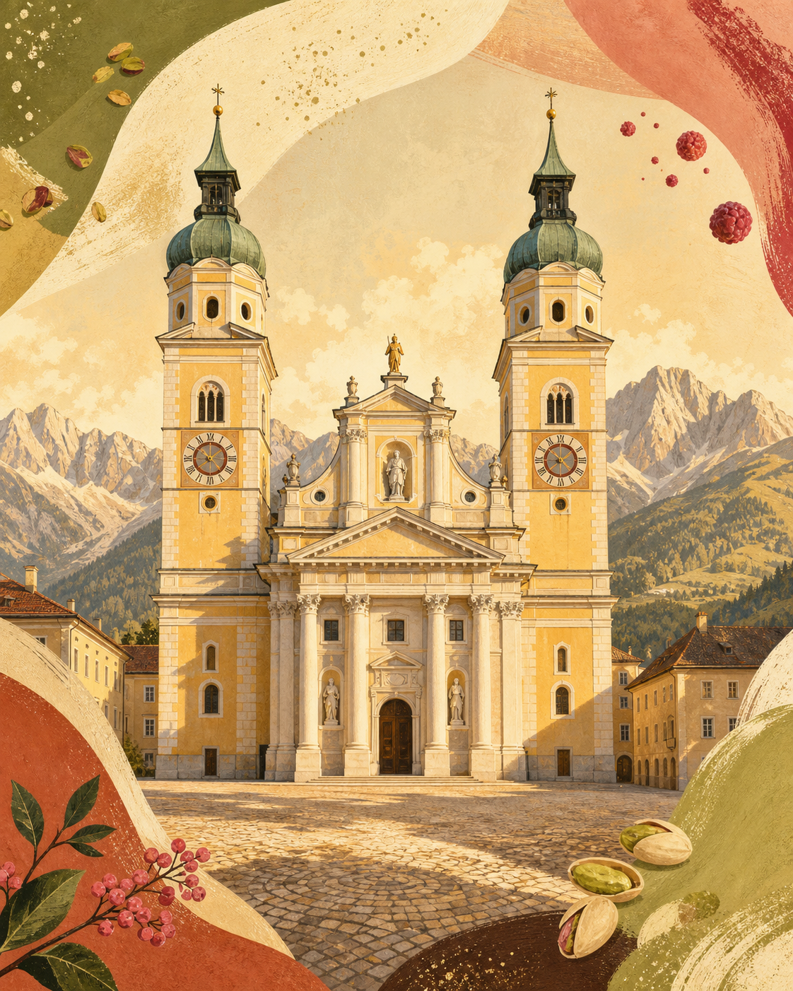 Illustrazione stilizzata del Duomo di Bressanone nei colori della Gelateria 828